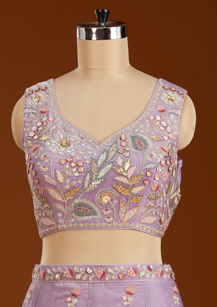 Purple Threadwork Tissue Readymade Lehenga