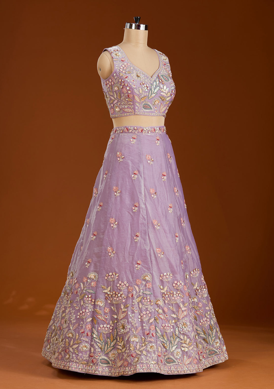 Purple Threadwork Tissue Readymade Lehenga