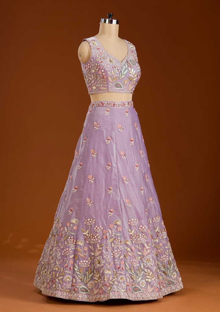 Purple Threadwork Tissue Readymade Lehenga