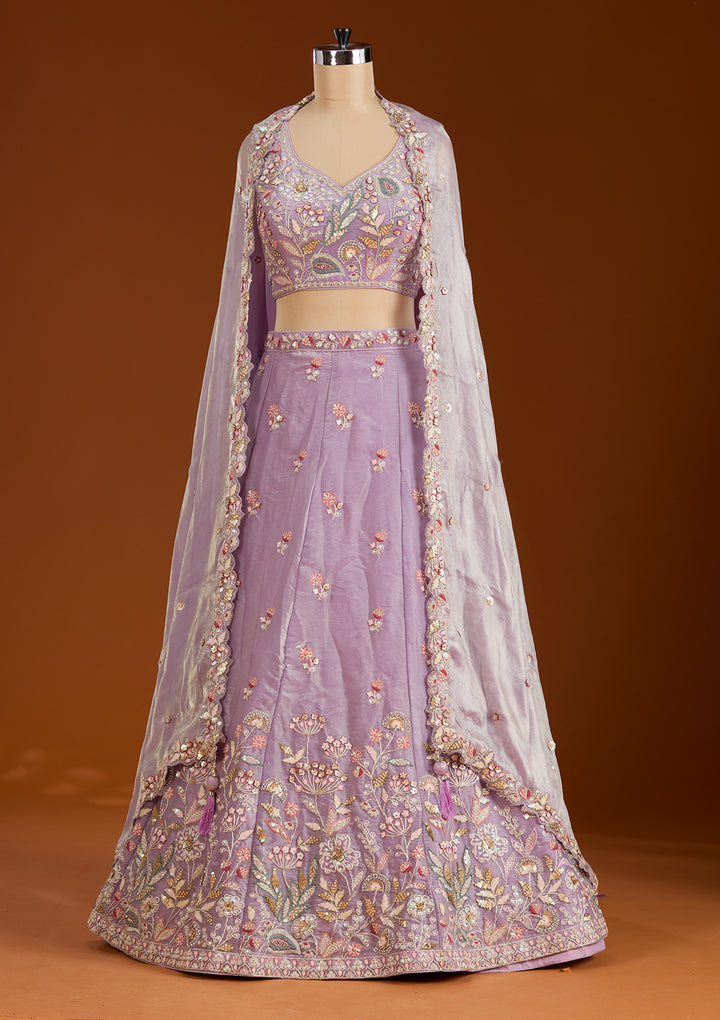 Purple Threadwork Tissue Readymade Lehenga