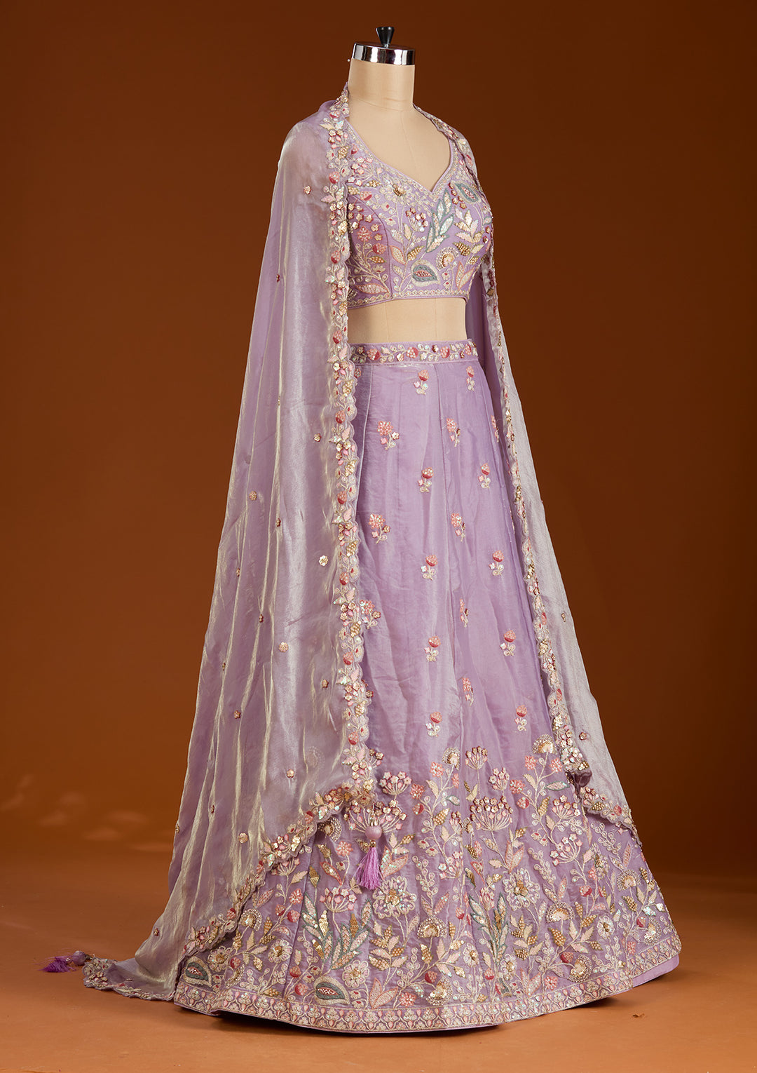 Purple Threadwork Tissue Readymade Lehenga