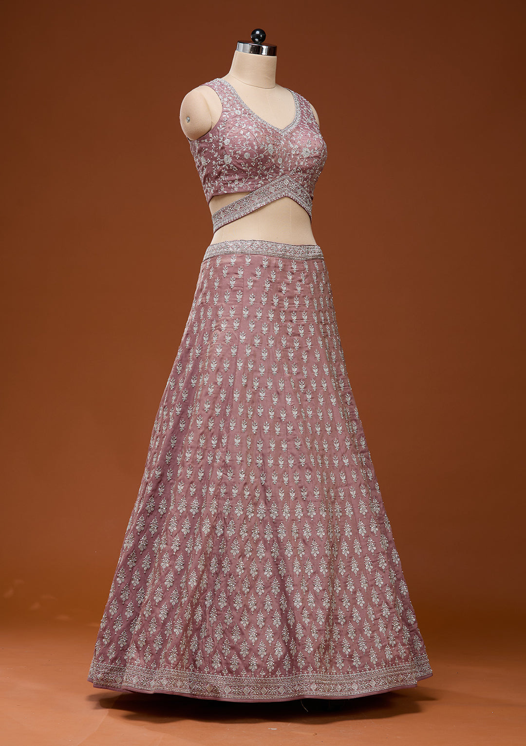 Brown Zariwork (Silver) Semi Crepe Readymade Lehenga