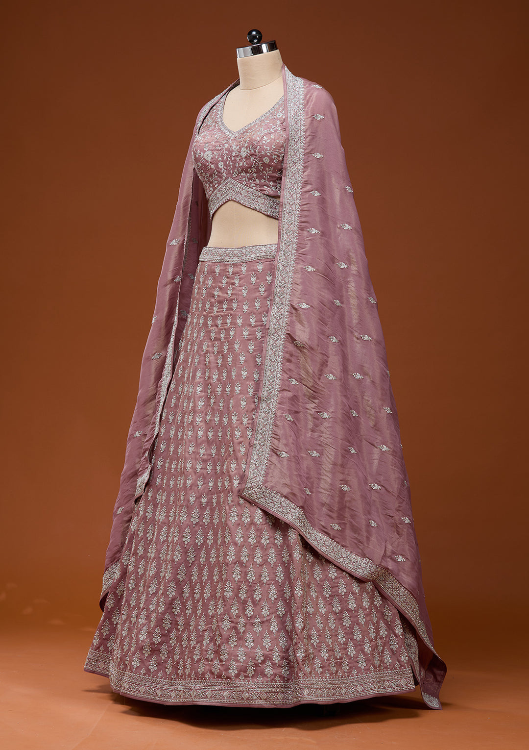 Brown Zariwork (Silver) Semi Crepe Readymade Lehenga