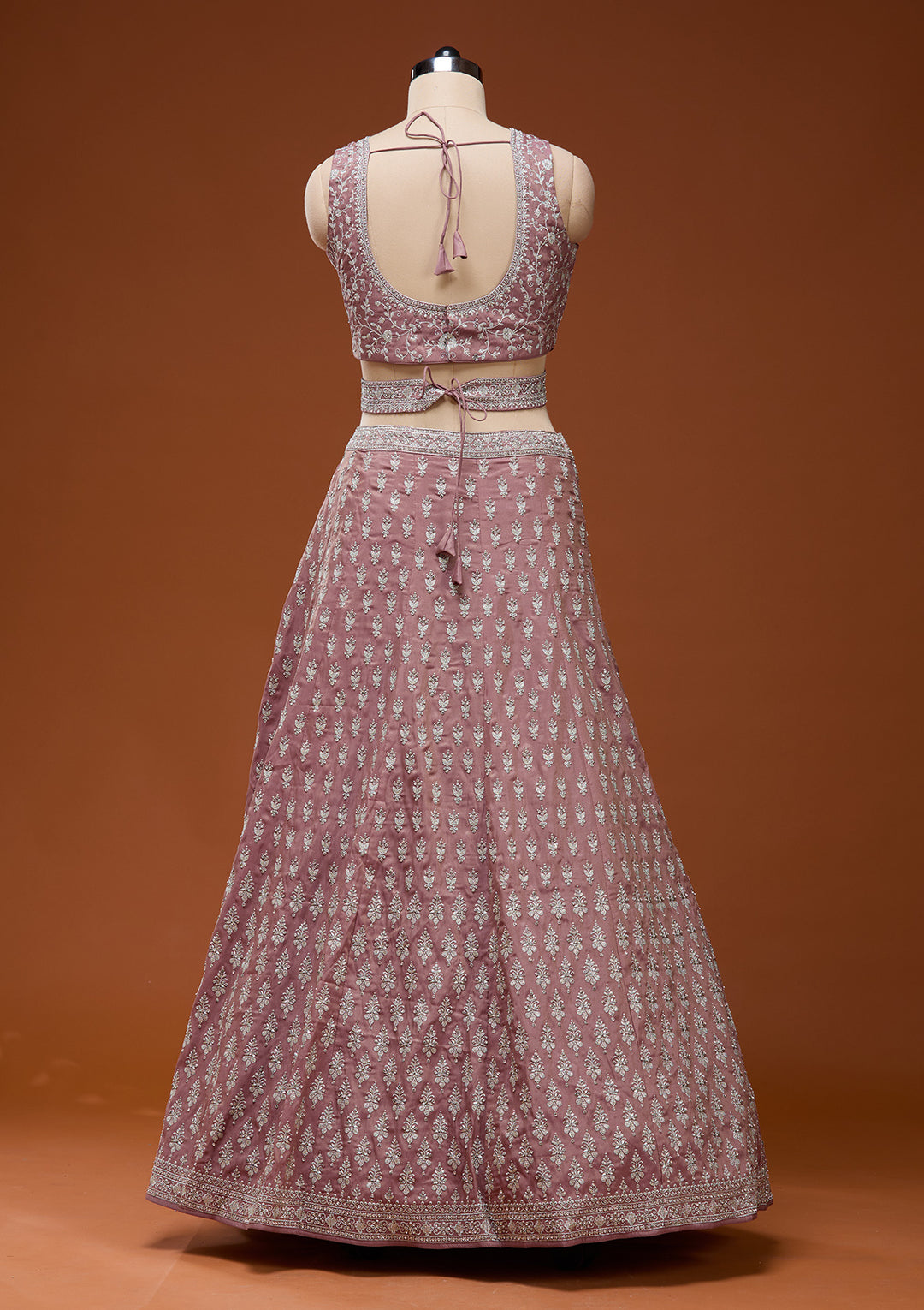 Brown Zariwork (Silver) Semi Crepe Readymade Lehenga