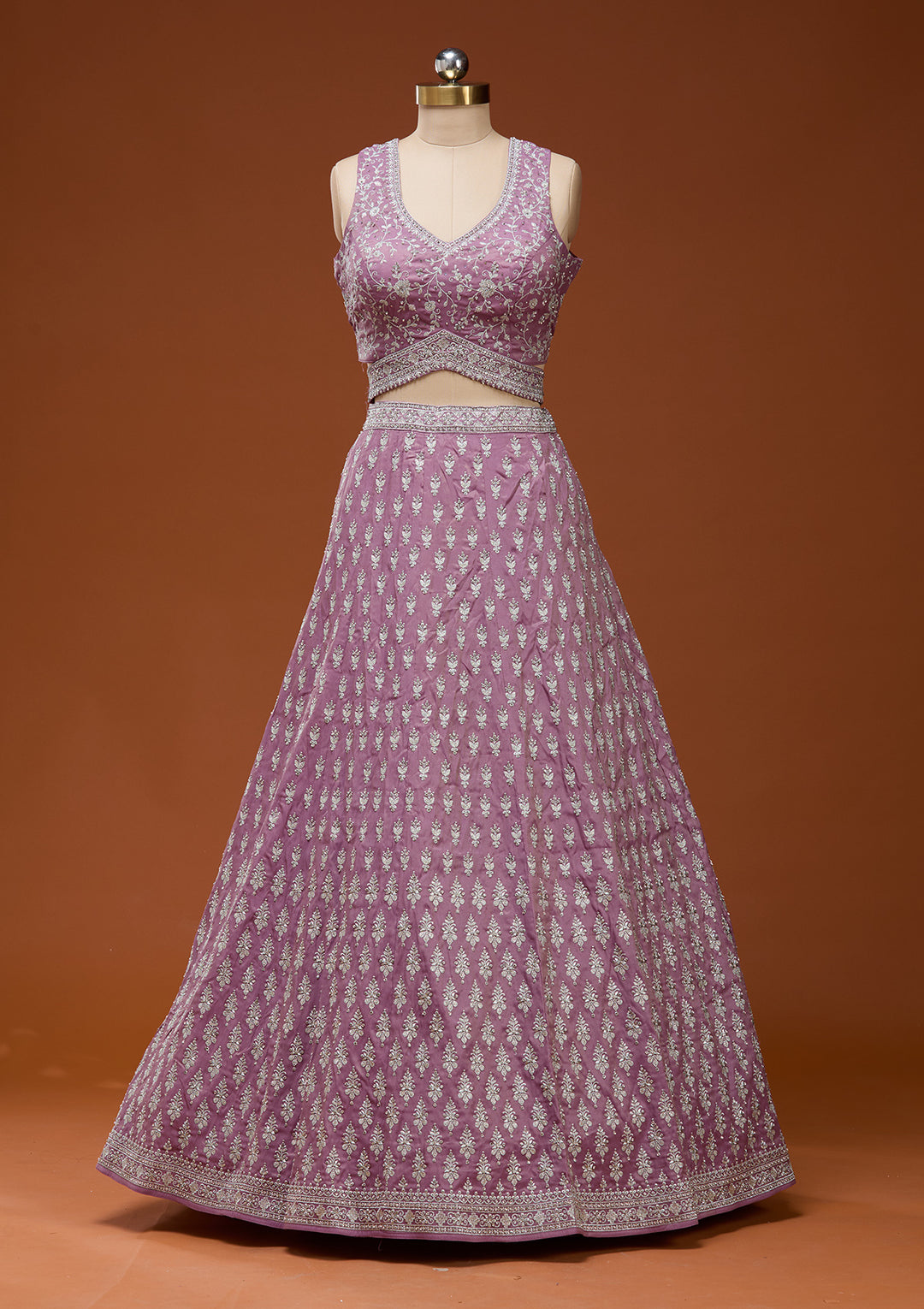 Onion Pink Zariwork (Silver) Semi Crepe Readymade Lehenga