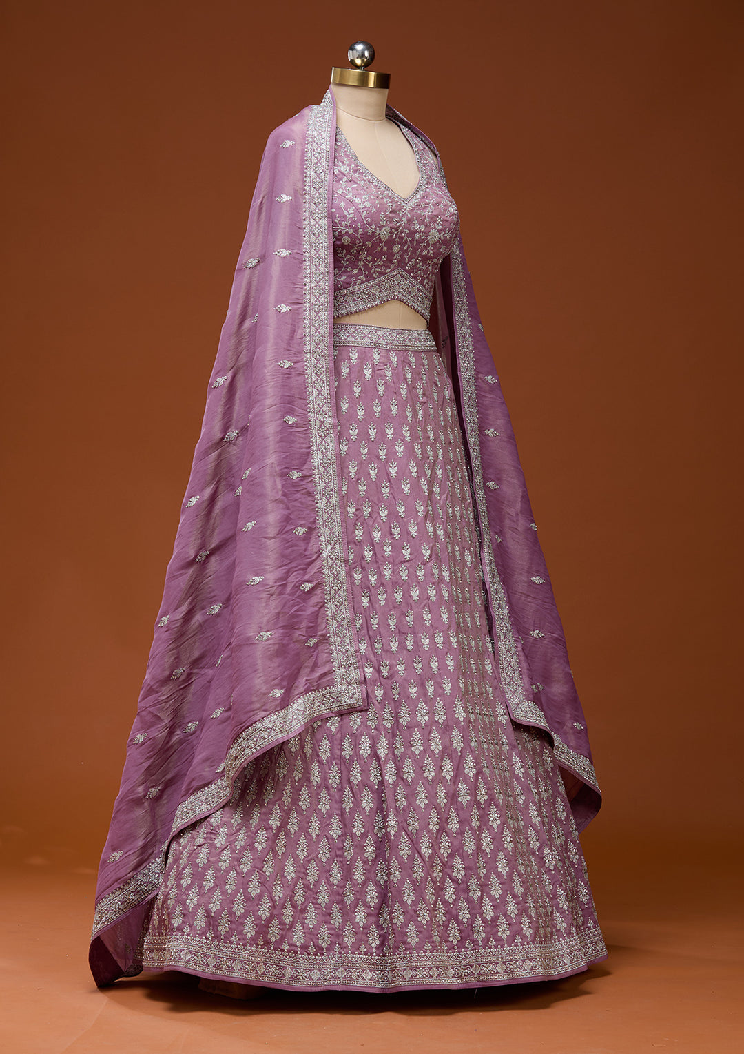 Onion Pink Zariwork (Silver) Semi Crepe Readymade Lehenga