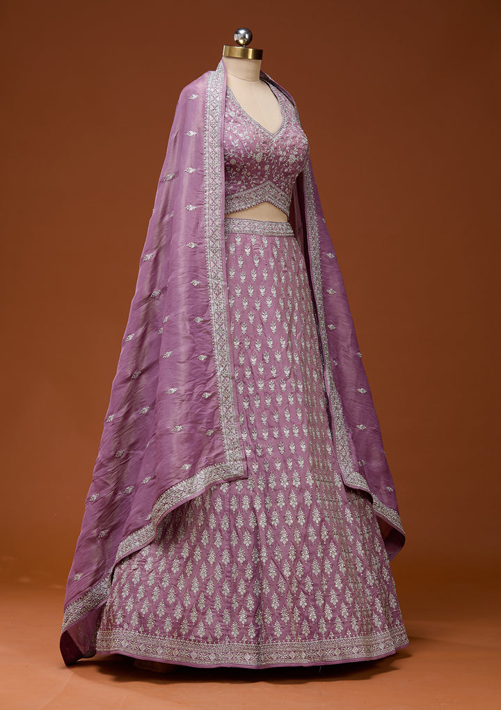 Onion Pink Zariwork (Silver) Semi Crepe Readymade Lehenga