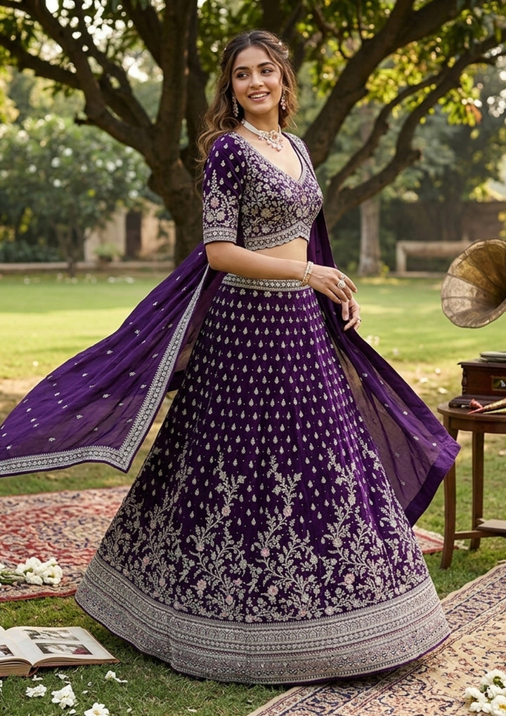 Purple Zariwork (Silver) Soft Raw Silk Readymade Lehenga