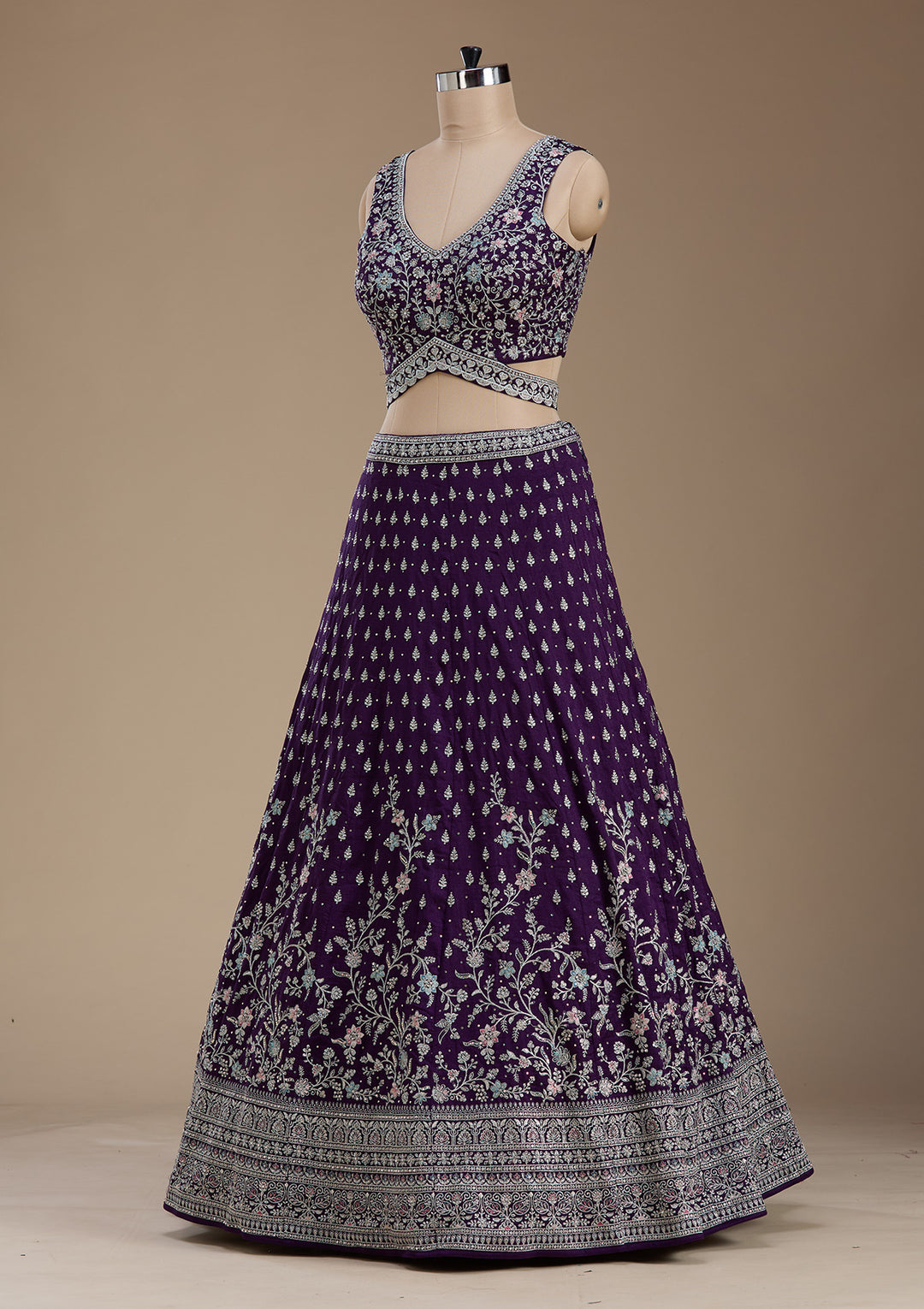 Purple Zariwork (Silver) Soft Raw Silk Readymade Lehenga
