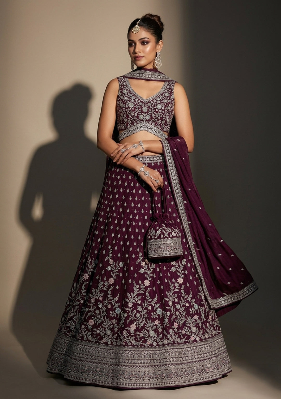 Wine Zariwork (Silver) Soft Raw Silk Readymade Lehenga