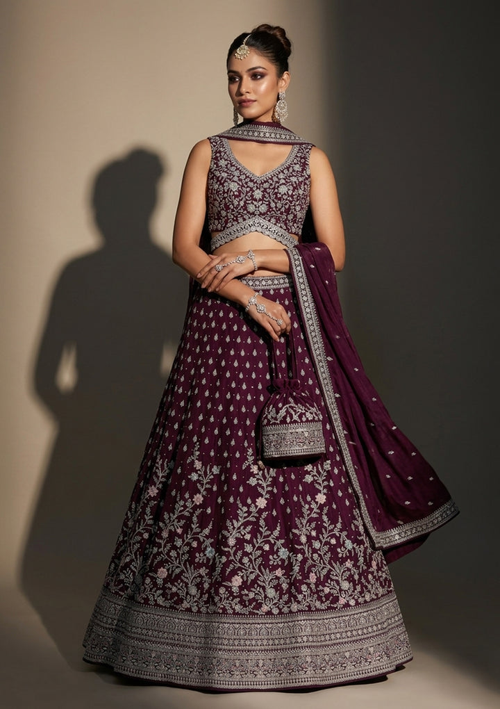 Wine Zariwork (Silver) Soft Raw Silk Readymade Lehenga