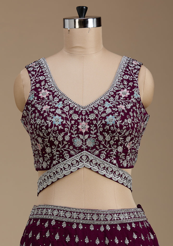 Wine Zariwork (Silver) Soft Raw Silk Readymade Lehenga