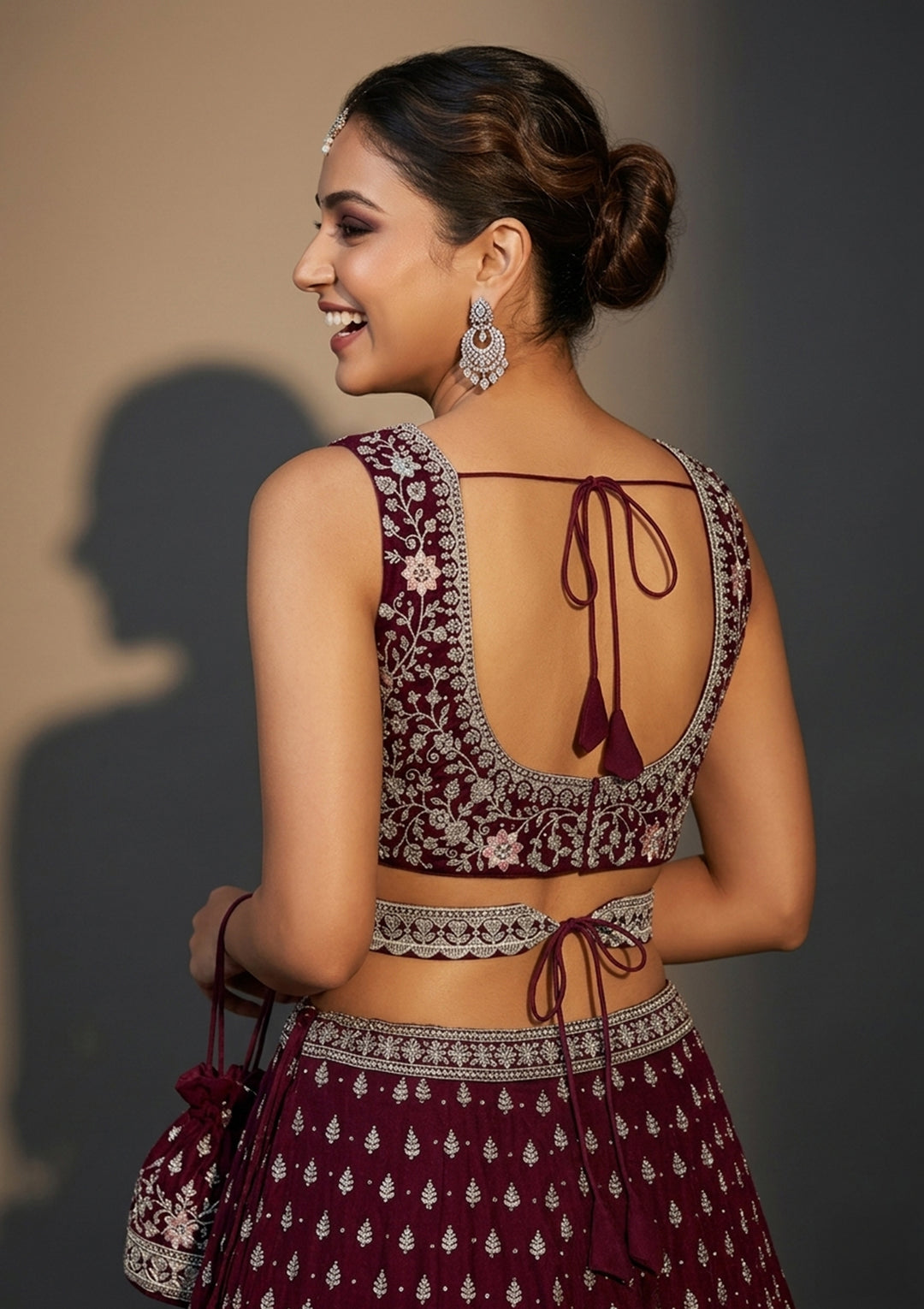 Wine Zariwork (Silver) Soft Raw Silk Readymade Lehenga