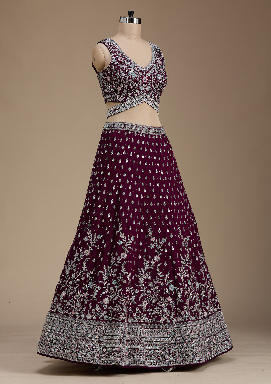 Wine Zariwork (Silver) Soft Raw Silk Readymade Lehenga