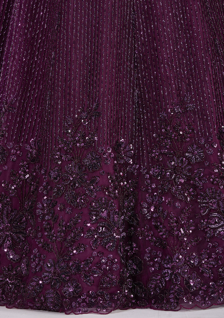 Wine Sequins Net Semi-Stitched Lehenga