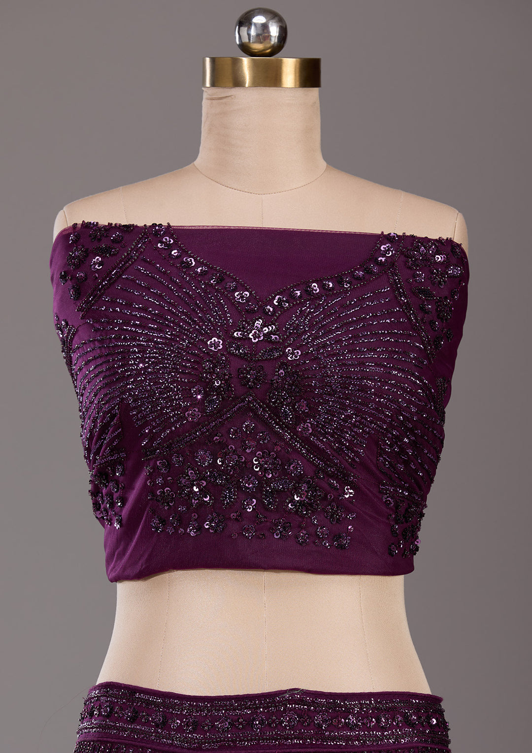 Wine Sequins Net Semi-Stitched Lehenga