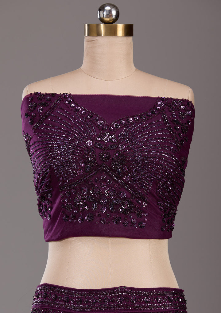 Wine Sequins Net Semi-Stitched Lehenga