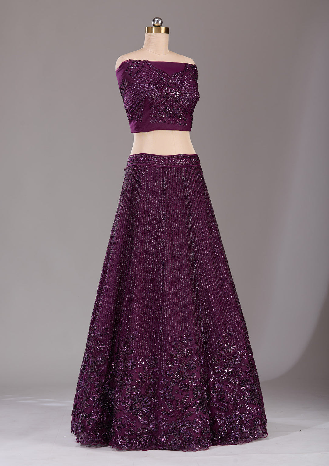 Wine Sequins Net Semi-Stitched Lehenga