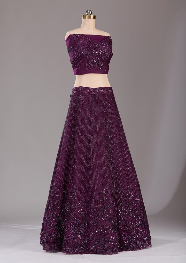 Wine Sequins Net Semi-Stitched Lehenga