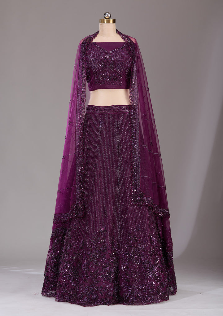 Wine Sequins Net Semi-Stitched Lehenga