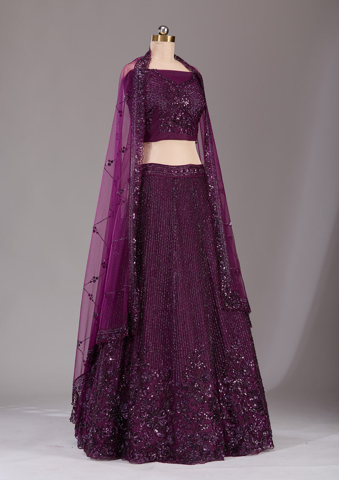 Wine Sequins Net Semi-Stitched Lehenga