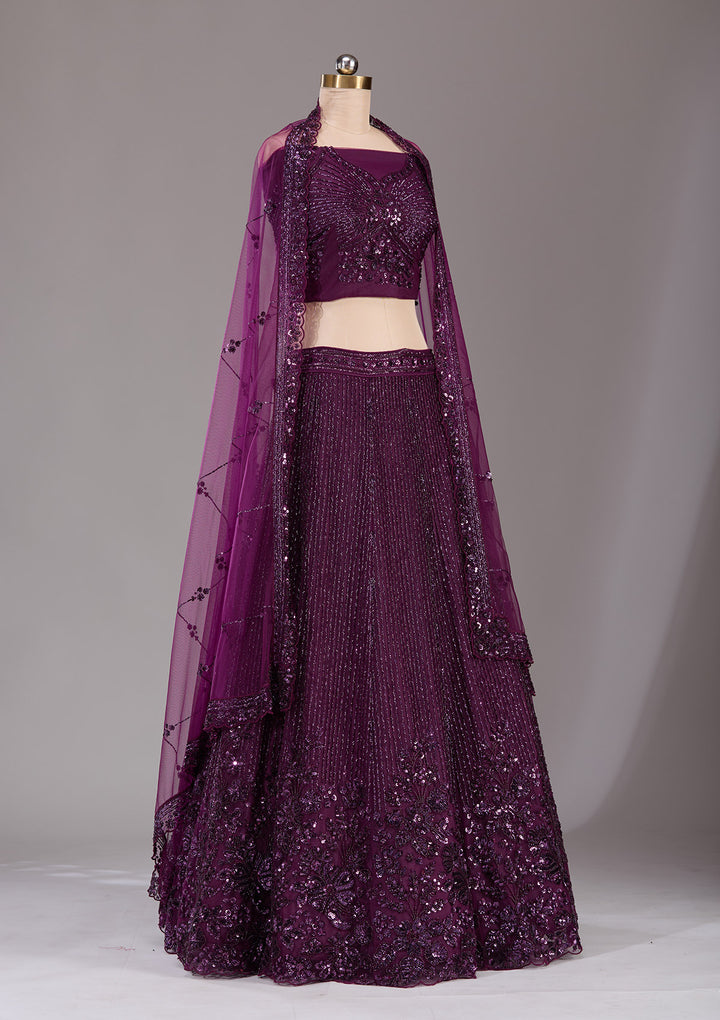 Wine Sequins Net Semi-Stitched Lehenga