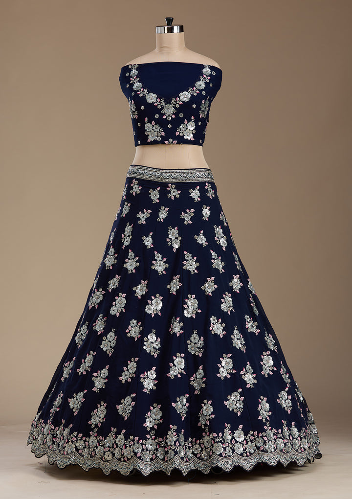 Navy Blue Sequins Georgette Semi-Stitched Lehenga