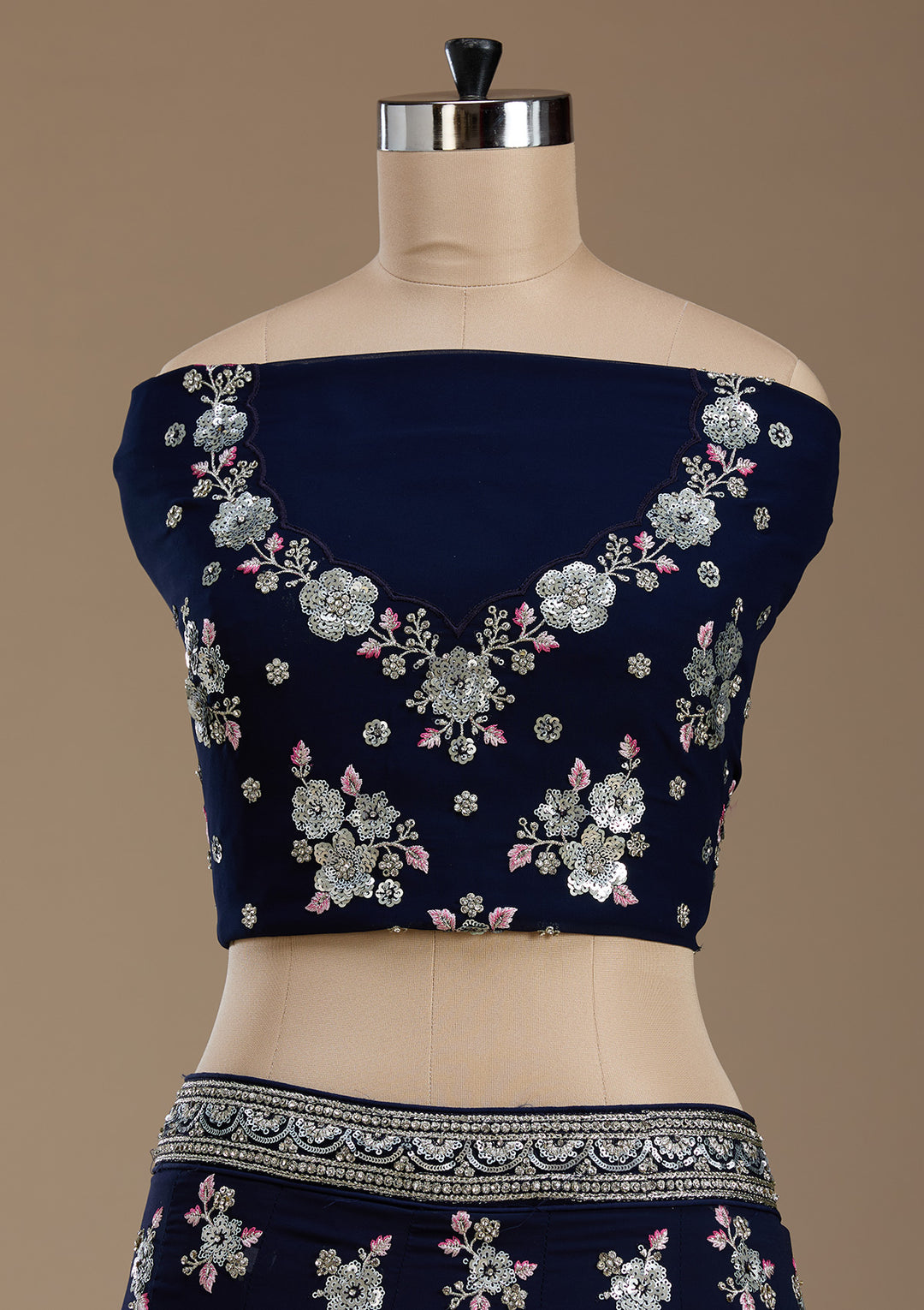 Navy Blue Sequins Georgette Semi-Stitched Lehenga