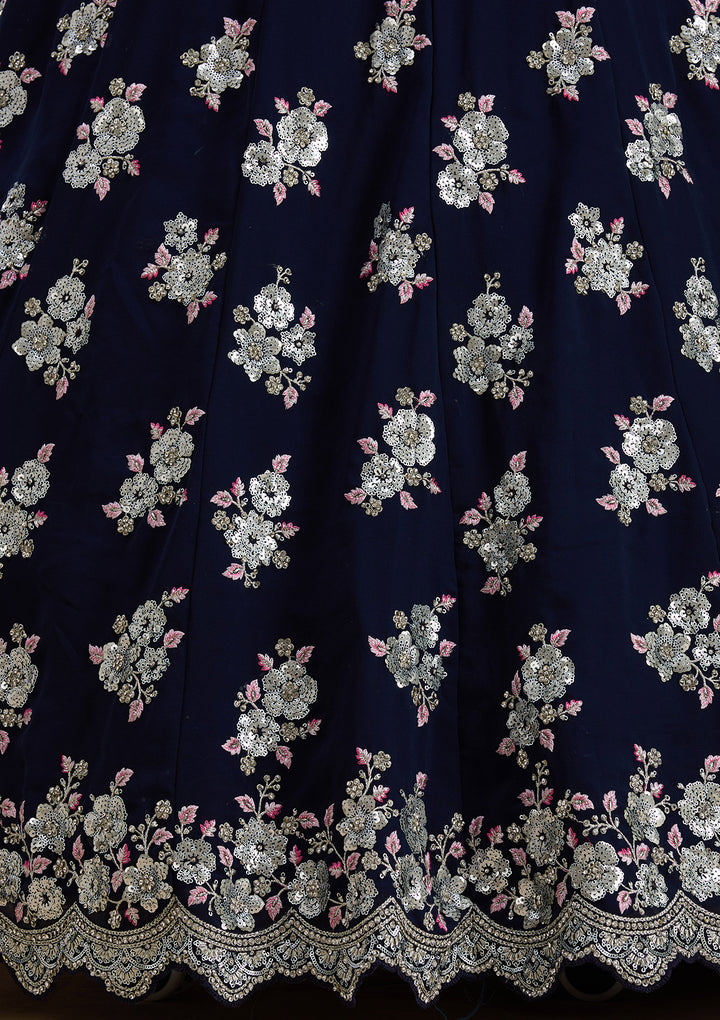 Navy Blue Sequins Georgette Semi-Stitched Lehenga