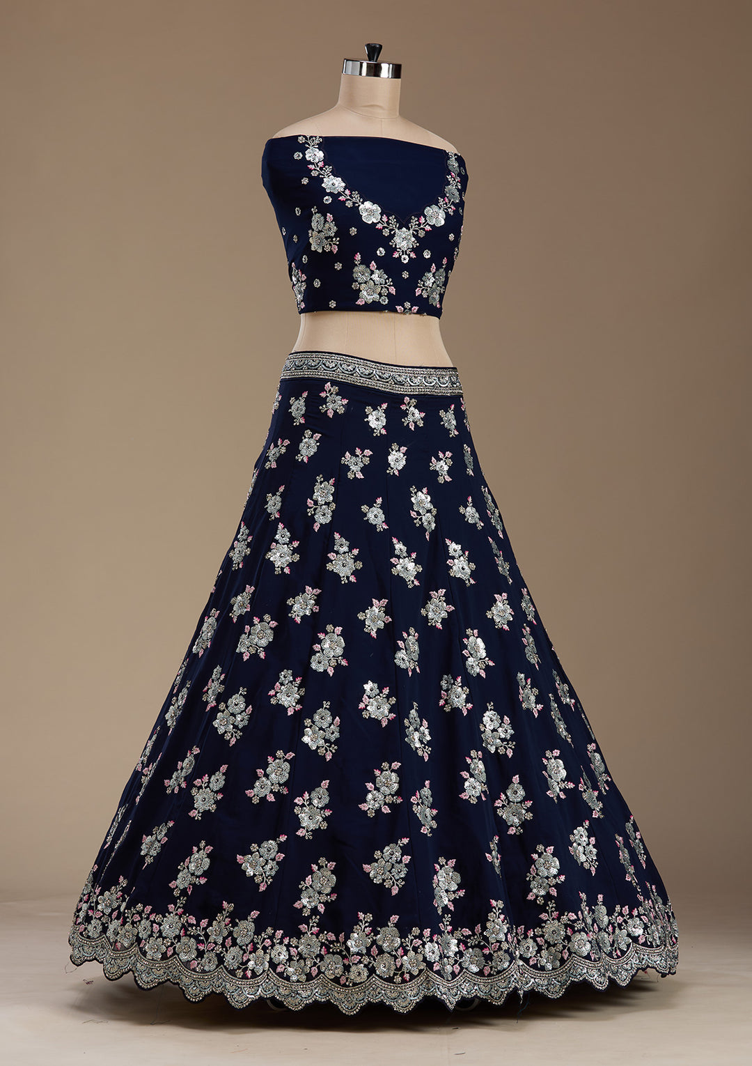 Navy Blue Sequins Georgette Semi-Stitched Lehenga