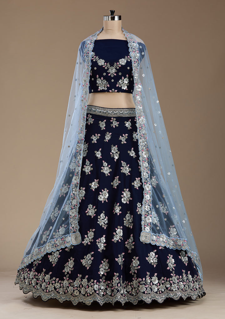 Navy Blue Sequins Georgette Semi-Stitched Lehenga