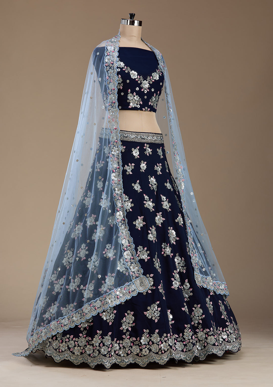 Navy Blue Sequins Georgette Semi-Stitched Lehenga