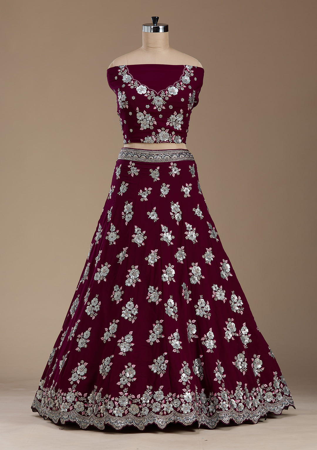 Wine Sequins Georgette Semi-Stitched Lehenga