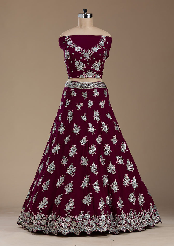 Wine Sequins Georgette Semi-Stitched Lehenga