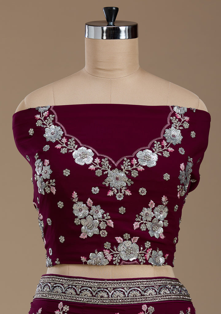 Wine Sequins Georgette Semi-Stitched Lehenga