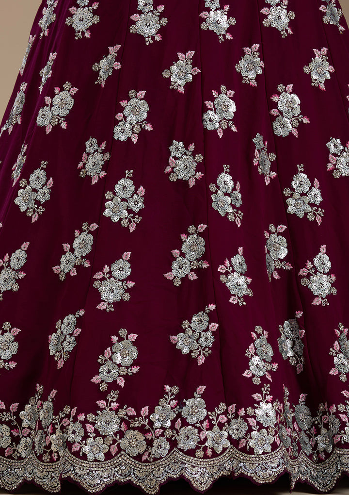Wine Sequins Georgette Semi-Stitched Lehenga