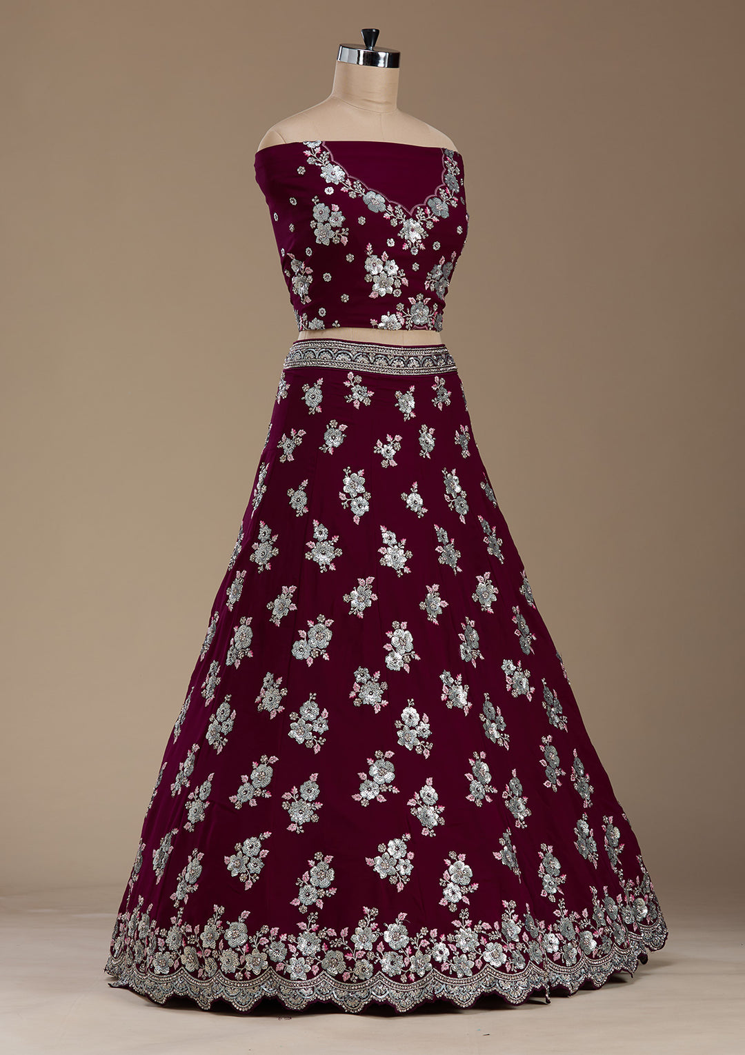 Wine Sequins Georgette Semi-Stitched Lehenga