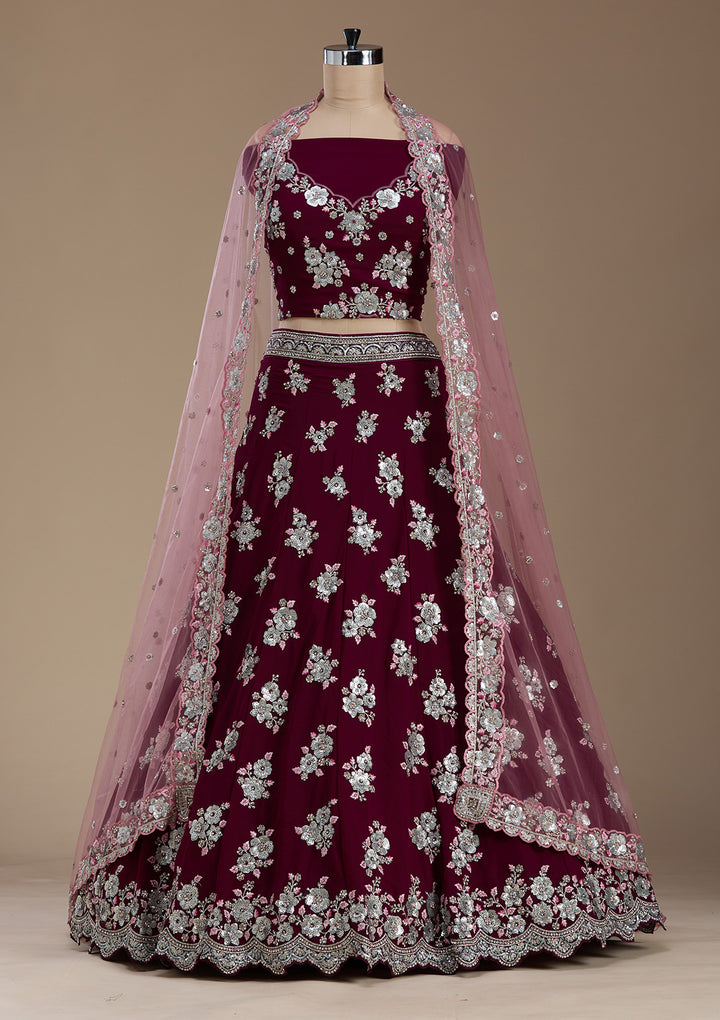 Wine Sequins Georgette Semi-Stitched Lehenga