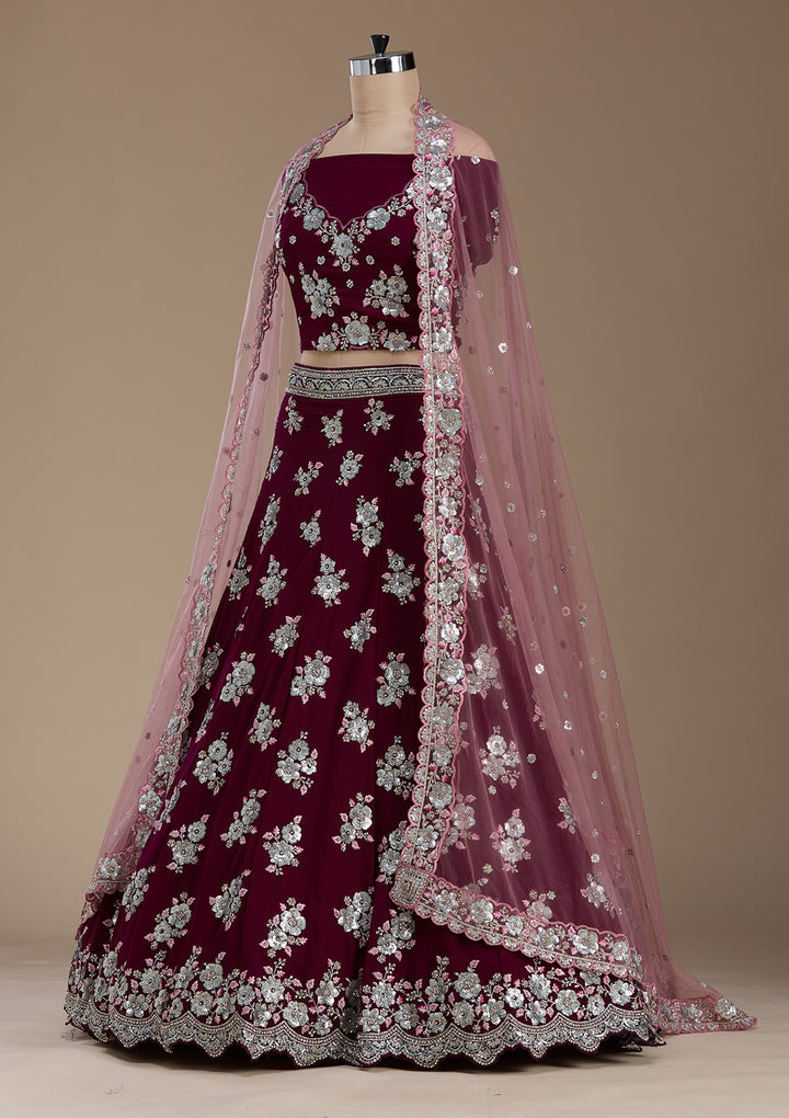 Wine Sequins Georgette Semi-Stitched Lehenga