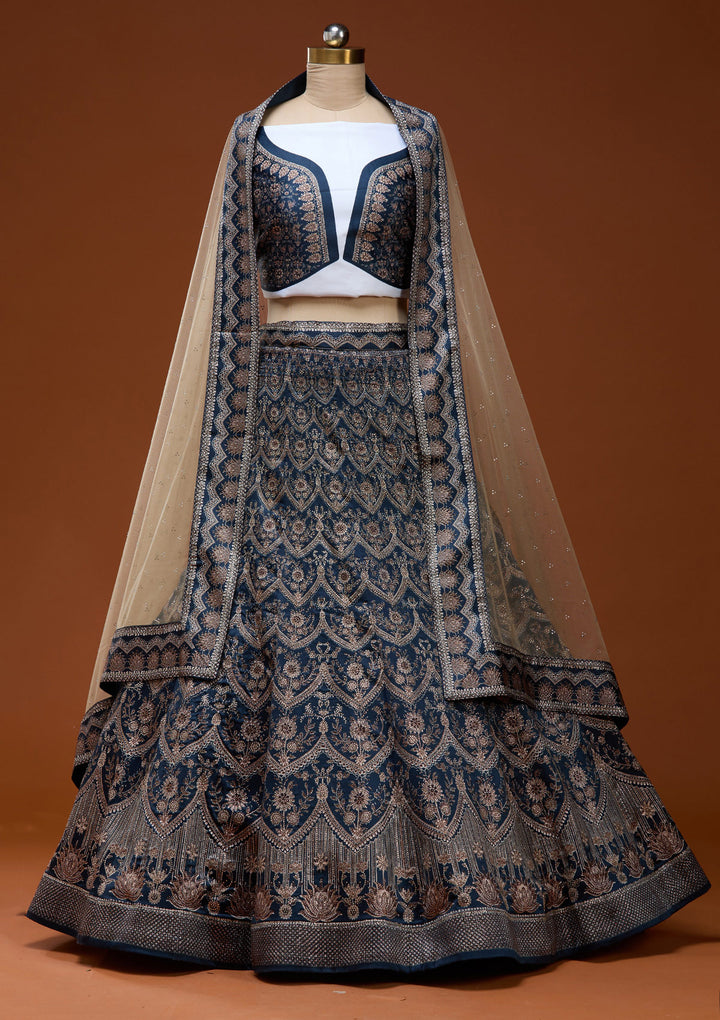 Silver Stonework Navy Blue Satin Semi Stitched Lehenga Blouse Piece With Dupatta
