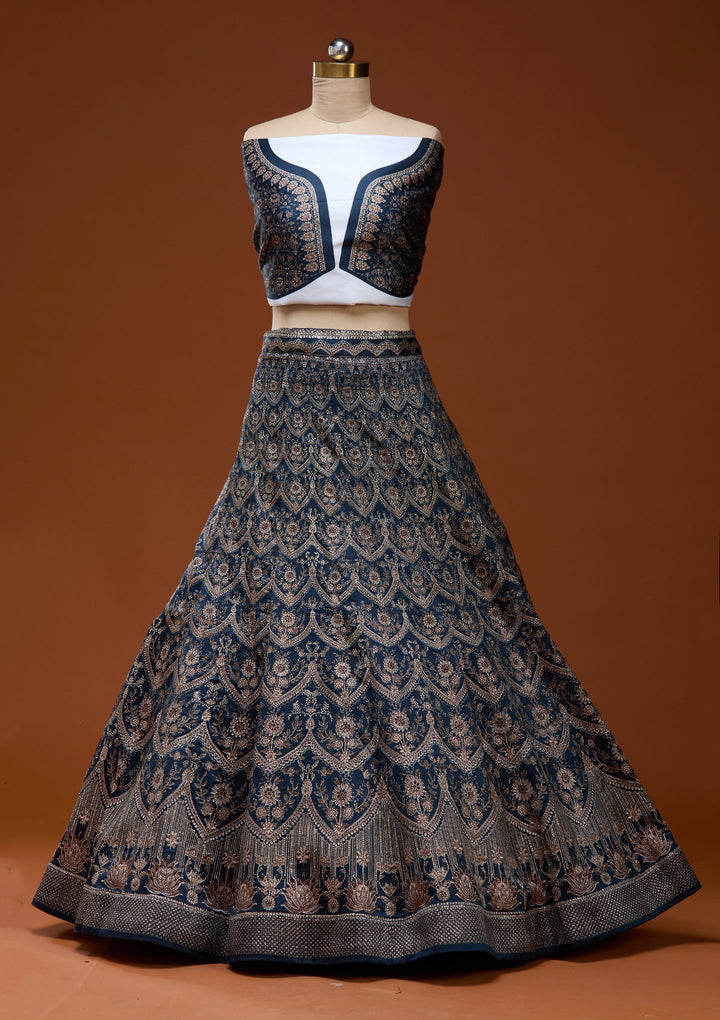 Silver Stonework Navy Blue Satin Semi Stitched Lehenga Blouse Piece With Dupatta