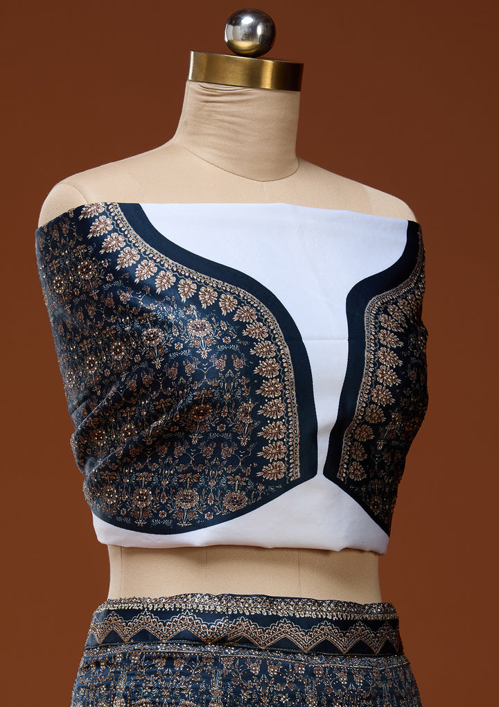 Silver Stonework Navy Blue Satin Semi Stitched Lehenga Blouse Piece With Dupatta