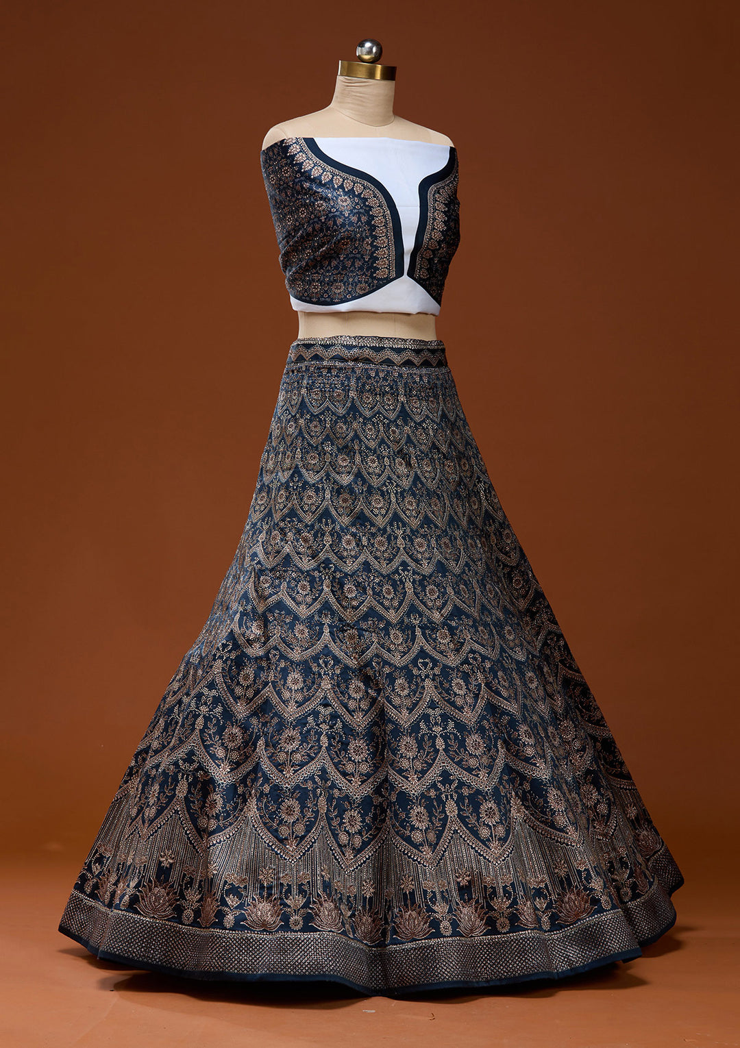 Silver Stonework Navy Blue Satin Semi Stitched Lehenga Blouse Piece With Dupatta