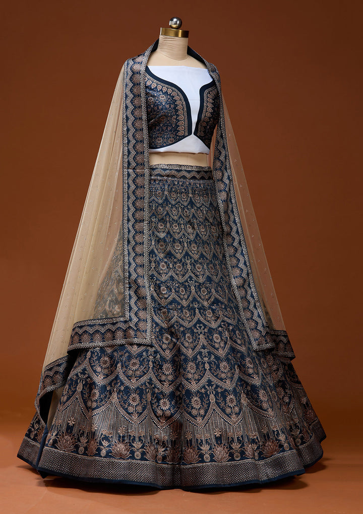 Silver Stonework Navy Blue Satin Semi Stitched Lehenga Blouse Piece With Dupatta