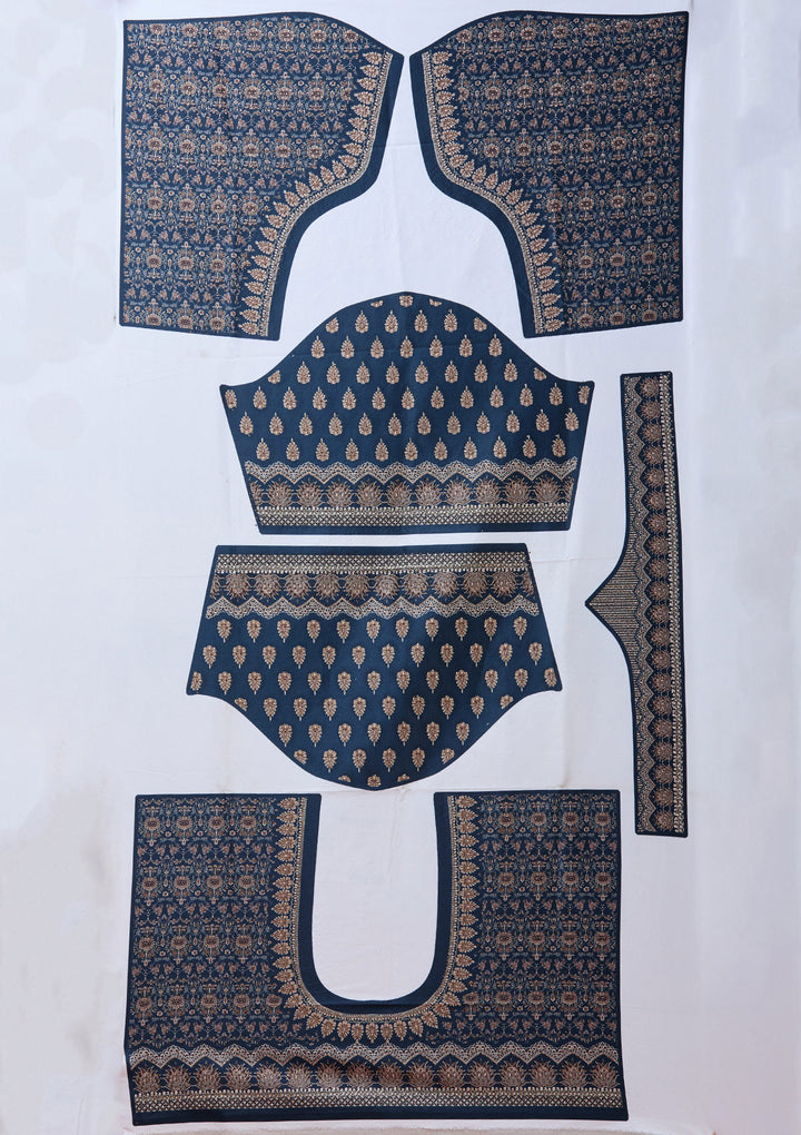 Silver Stonework Navy Blue Satin Semi Stitched Lehenga Blouse Piece With Dupatta
