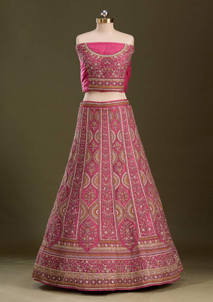 Onion Pink Cording Net Semi-Stitched Lehenga