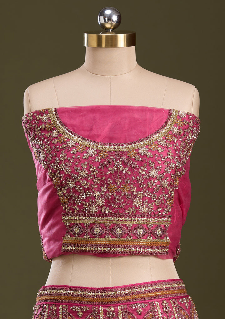 Onion Pink Cording Net Semi-Stitched Lehenga