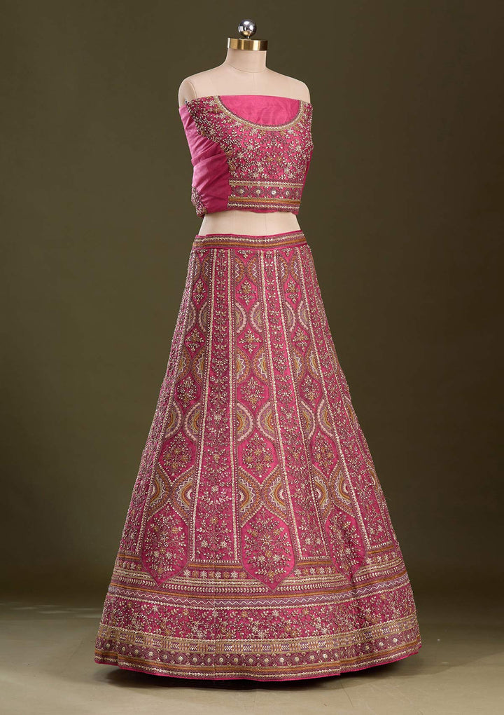 Onion Pink Cording Net Semi-Stitched Lehenga
