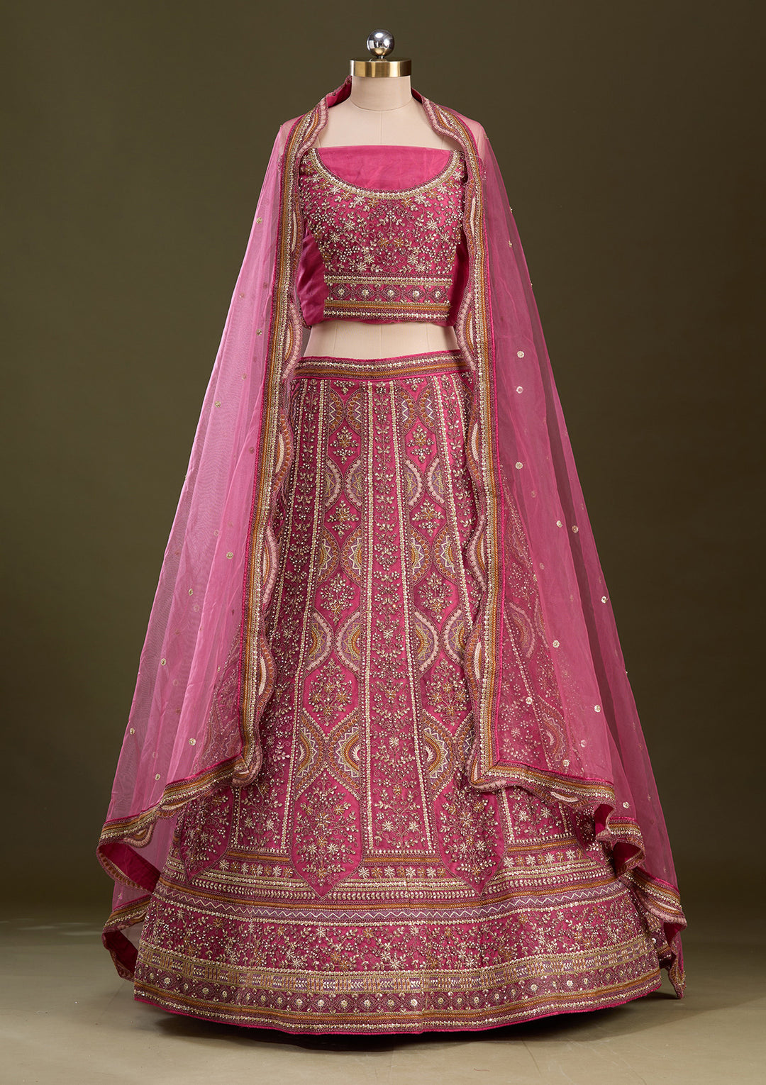 Onion Pink Cording Net Semi-Stitched Lehenga