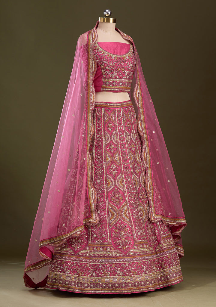 Onion Pink Cording Net Semi-Stitched Lehenga
